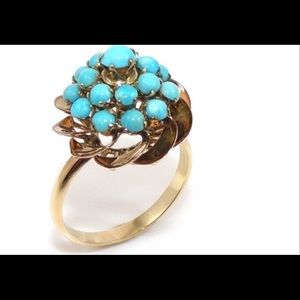 Vintage 14K Yellow Gold Blue Turquoise Dome Cluster Ring Size 7.75
